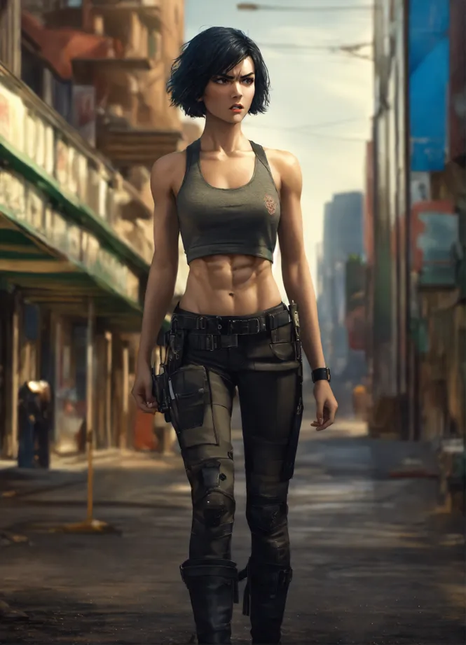 Lexica - short-haired tough woman holding a gun in casual clothes