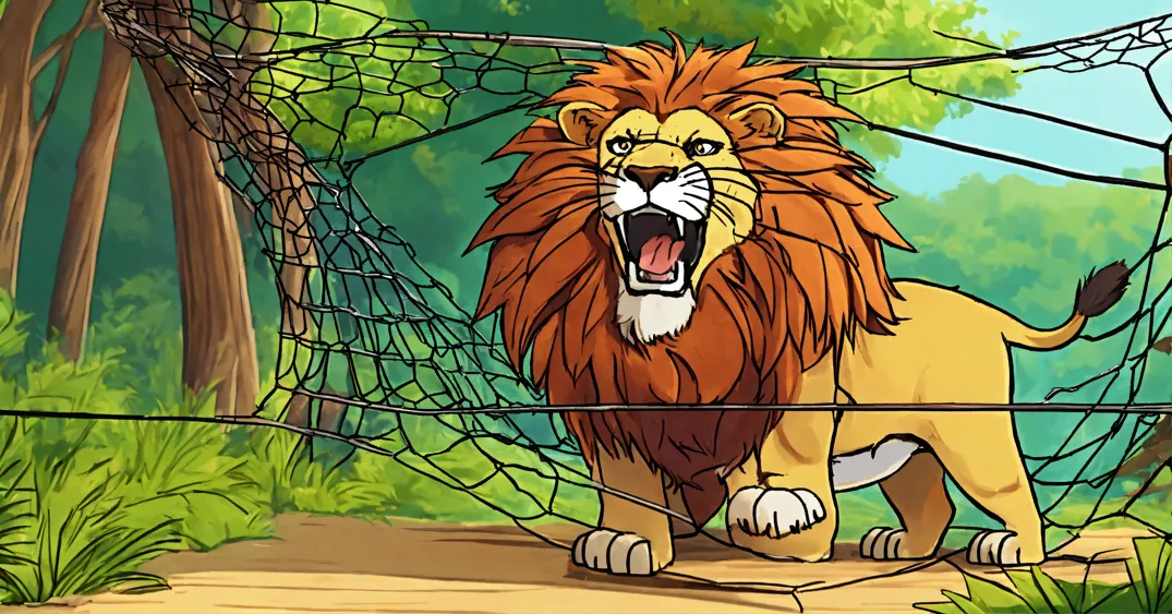 Lexica - Cartoon 3d big lion trapped in net and rat cutting net by its teeth