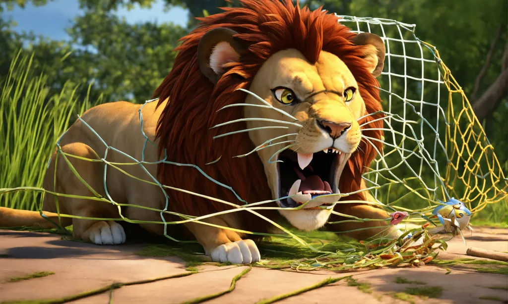 Lexica - Cartoon 3d big lion trapped in net and rat cutting net by its teeth