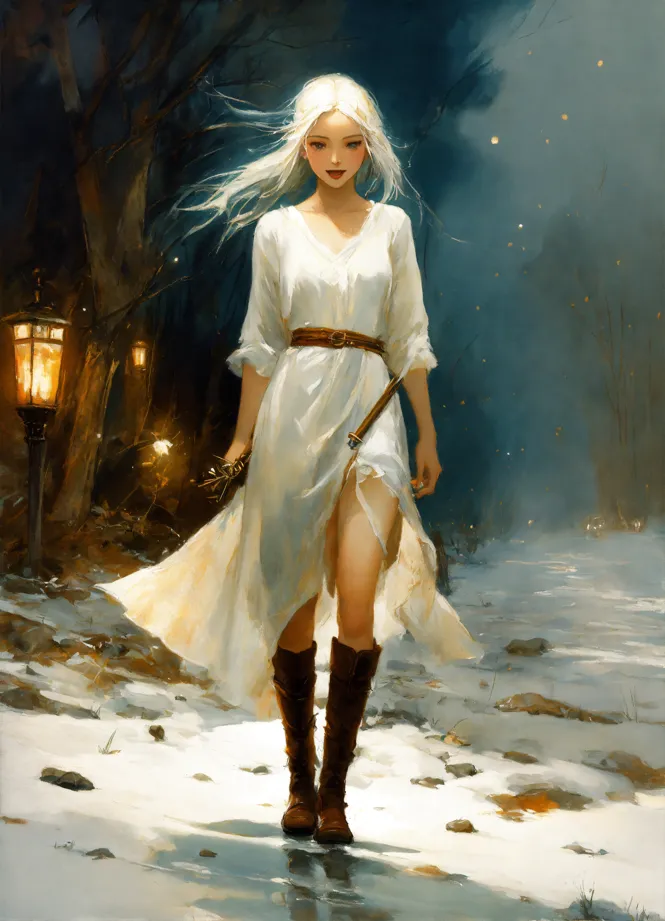 Lexica - a beautiful fantasy woman with long white hair with coat in winter