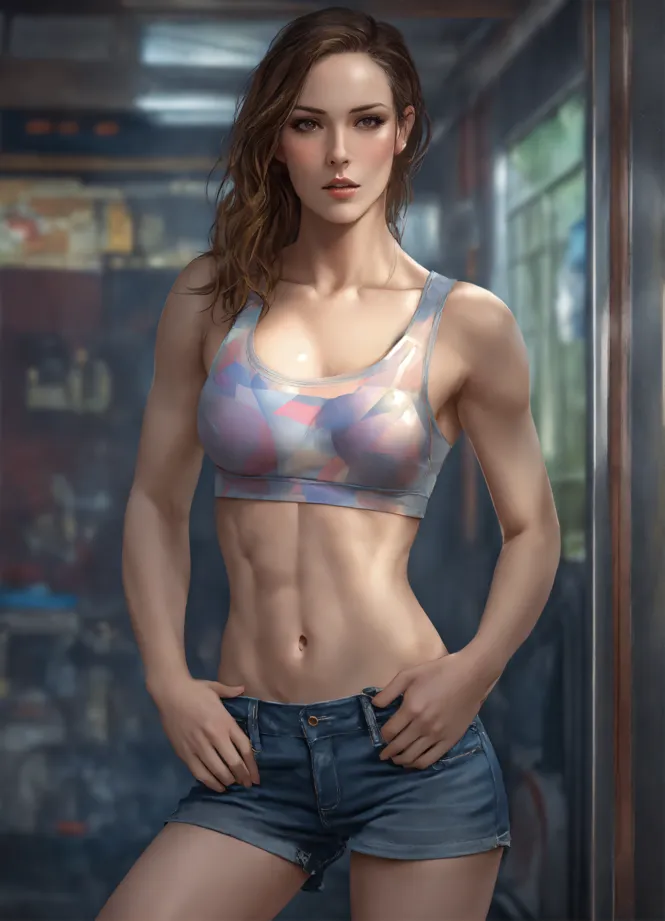 Wall Mural Beautiful sports fitness woman in denim jeans shorts and bra in