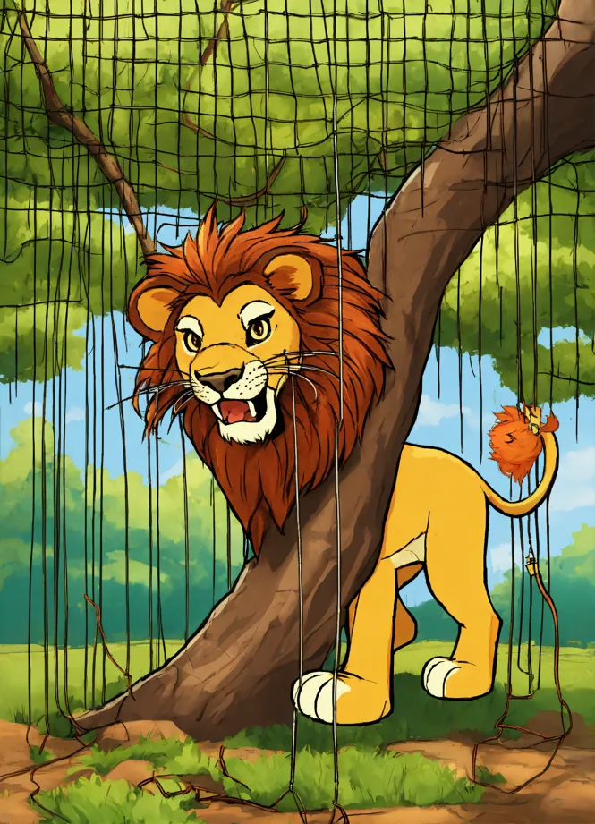 Lexica - Cartoon 3d big lion trapped in net and rat cutting net by its teeth