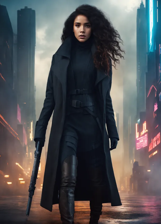 Lexica female cop wearing a light navy trench coat with a sword dark dystopian city