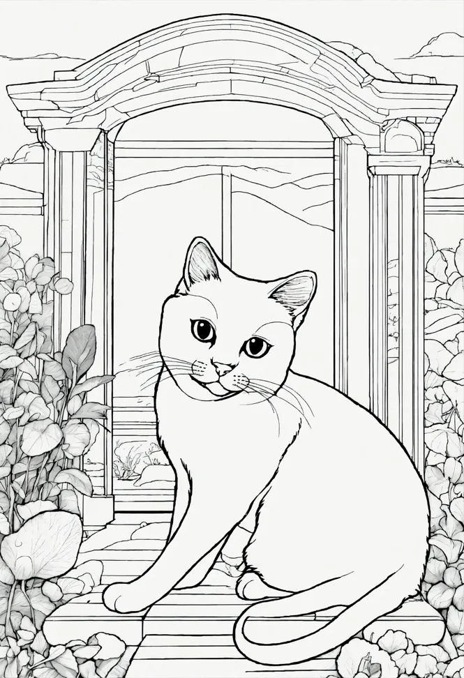 Lexica - Cat style coloring book for kids , outline art, drawing, sketch,  b&w, not overcrowded