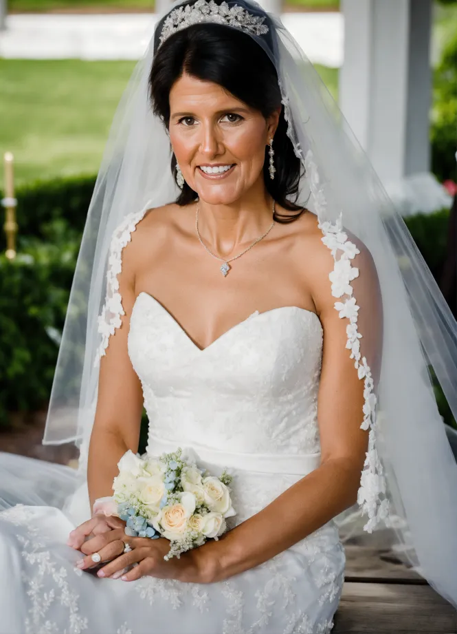 Lexica closeup of nikki haley in a beautiful white wedding dress