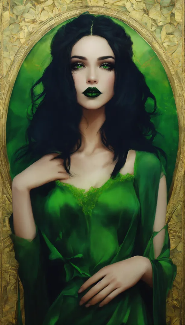 Lexica - a beautiful femme fatale in a green dress. black hair and snake  eyes