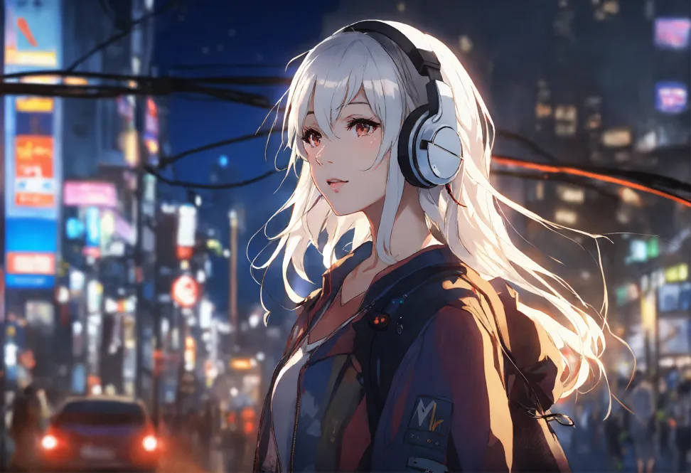 futuristic anime style girl listening to music with headphones