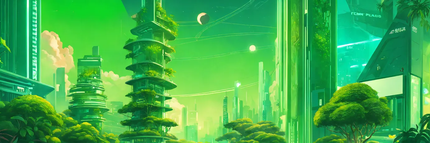 Solarpunk city with lush greenery and glowing sun