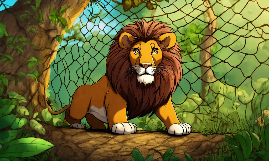 Lexica - Cartoon 3d big lion trapped in net and rat cutting net by its teeth