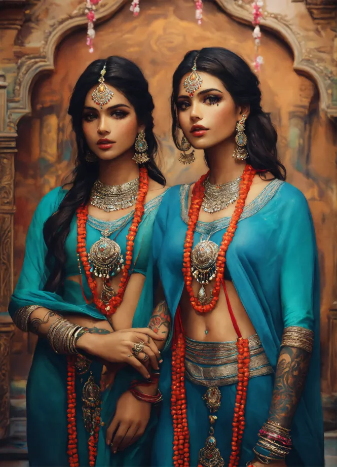 Lexica - A group of beautiful indian princesses smiling standing in a  palace bedroom, group of women, gorgeous, low waist skirt, tiny bra, tiny  skir