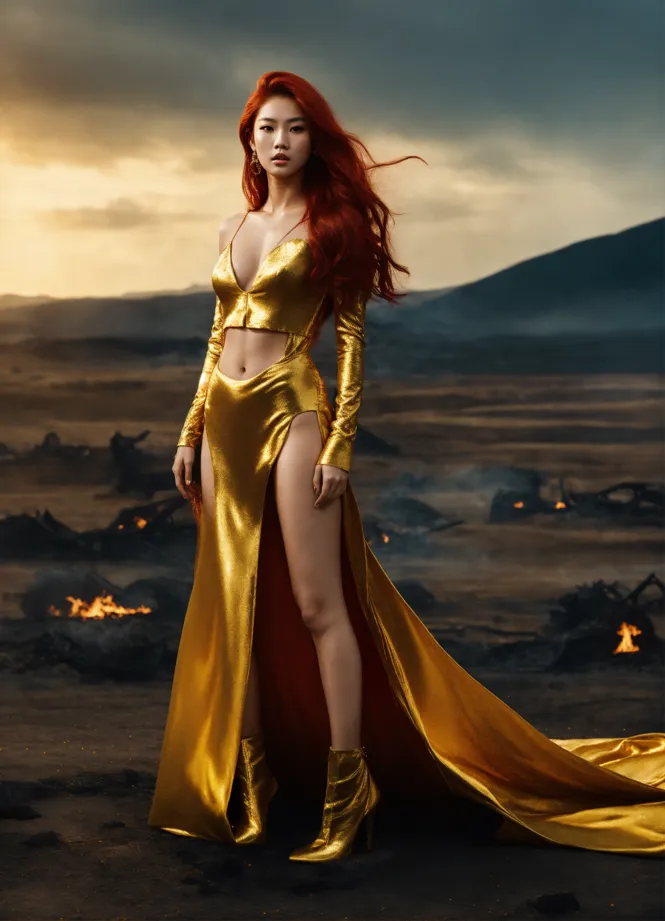 Lexica - a beautiful woman with giant chest in a beautiful dress with red  flaming hair in a golden dress chest is a little bit open standing in the  room