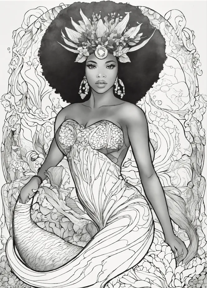 Black Woman Mermaid Adult Coloring Book Black and White Detailed · Creative  Fabrica