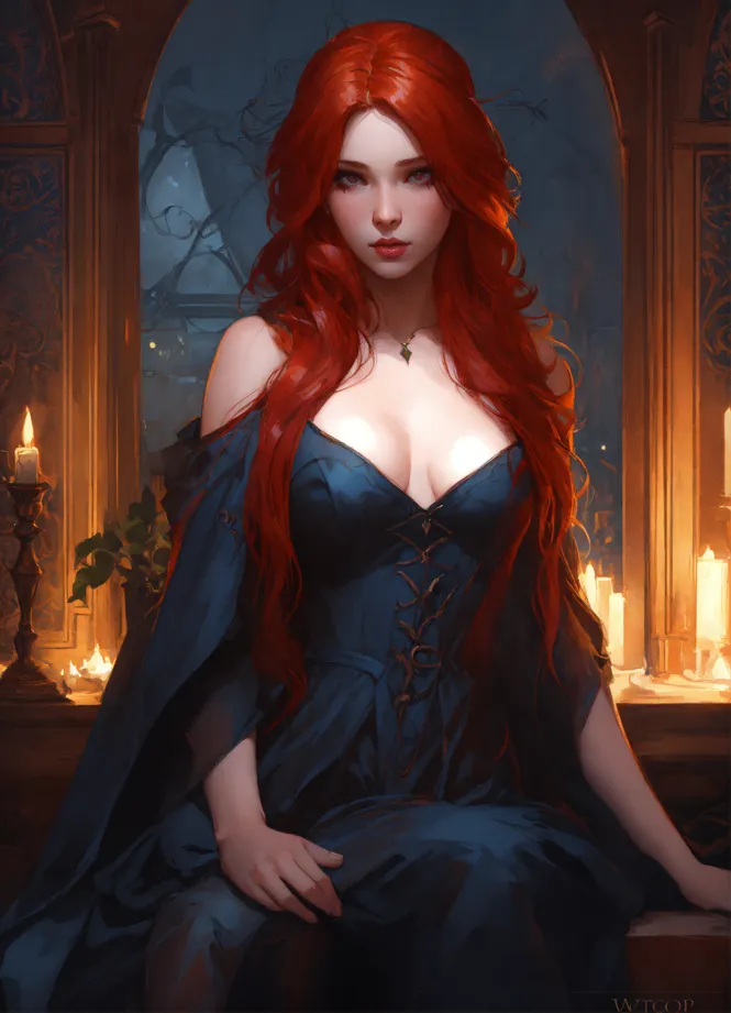 Lexica - a beautiful woman with giant chest in a beautiful dress with red  flaming hair