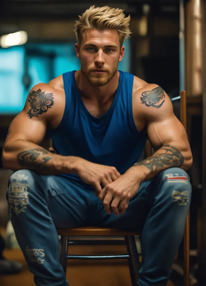 Muscular Man with Blue Eyes and Tattoo in the Yellow Tank Top