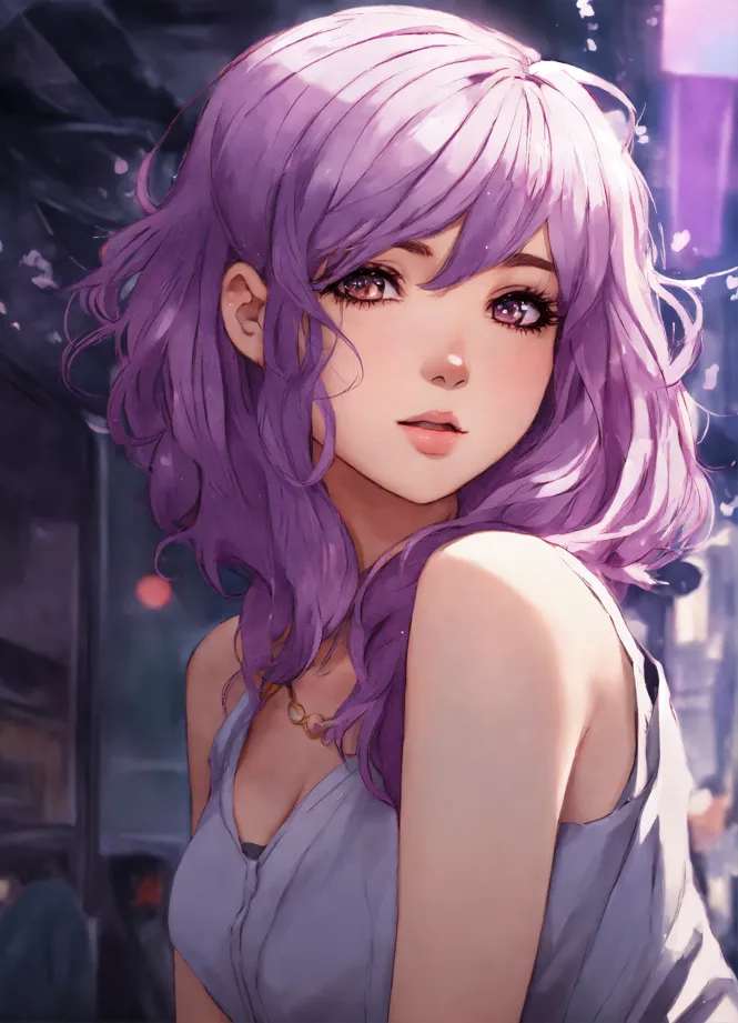 Cute anime girl with purple hair with blue highlights and green eyes