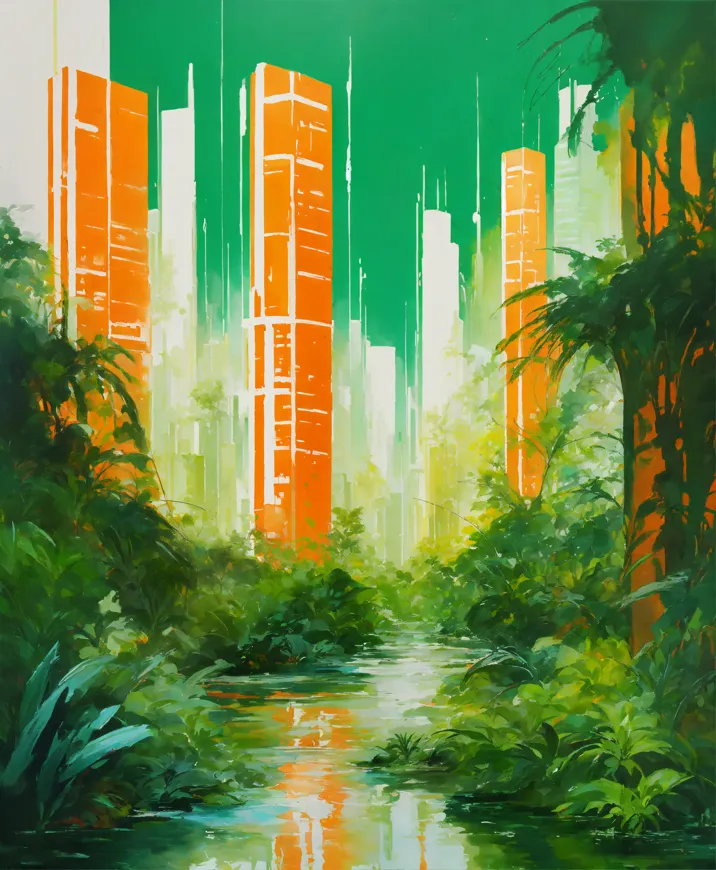 Solarpunk city with lush greenery and glowing sun