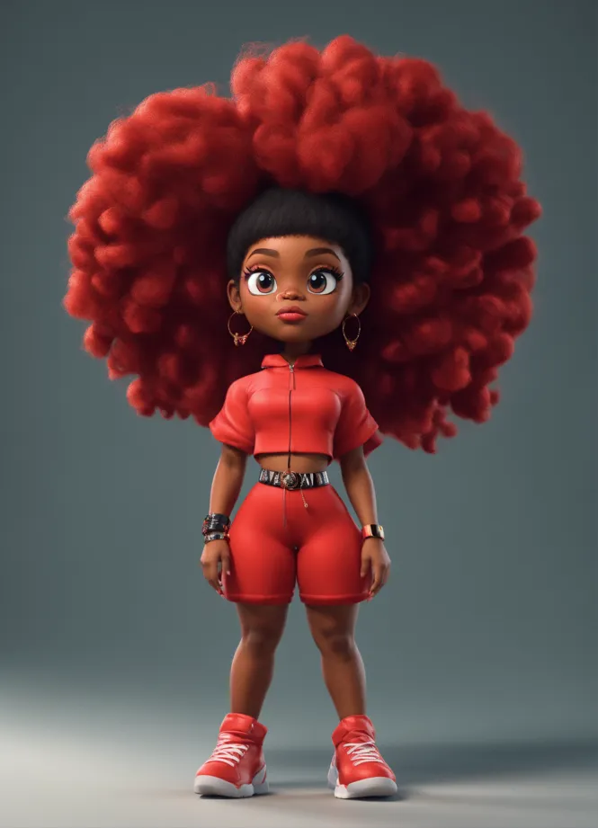 Girl power black anime girl cheerleader with Afro hair in puffs