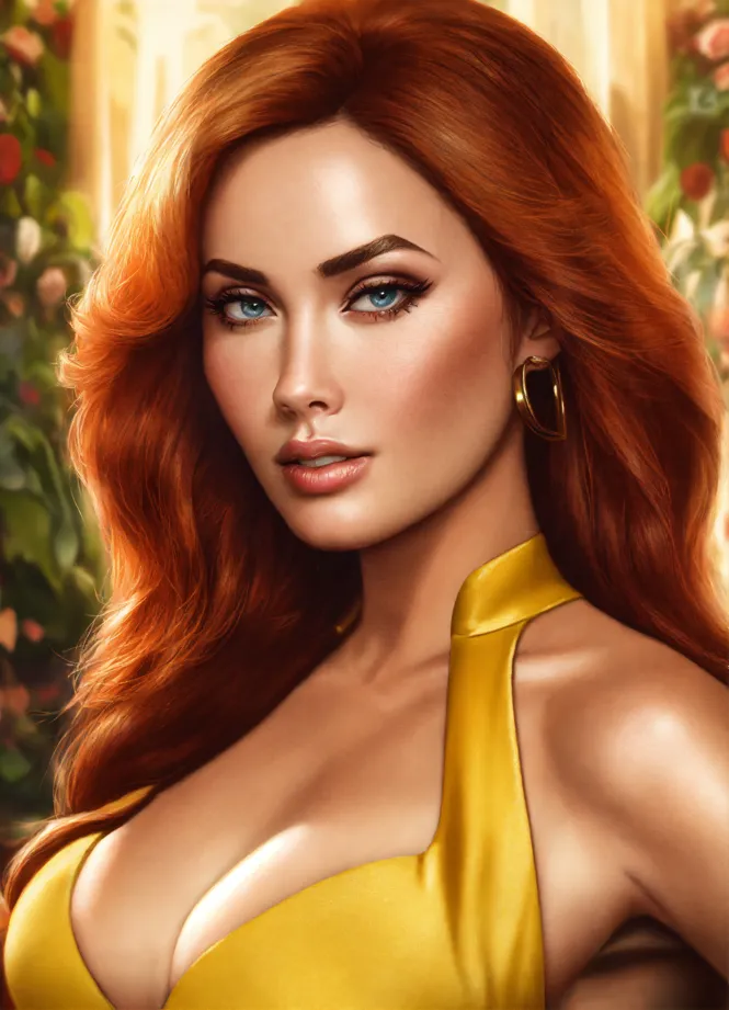 Lexica - a beautiful woman with giant chest in a beautiful dress with red  flaming hair in a golden dress chest is a little bit open