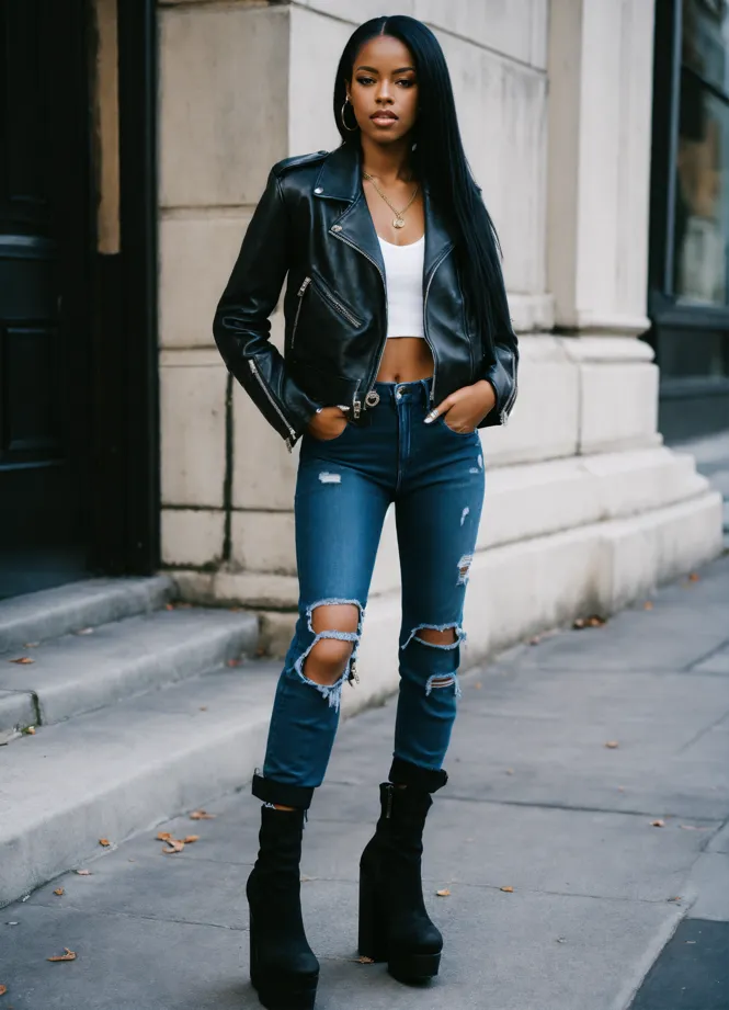 Blue jeans and black leather jacket hotsell