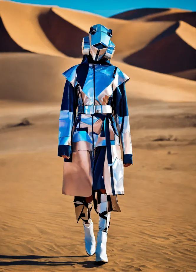 Lexica - Futuristic, young boy wear moroccan clothes and futuristic man  with desert scarf run, desert landscape cinematic