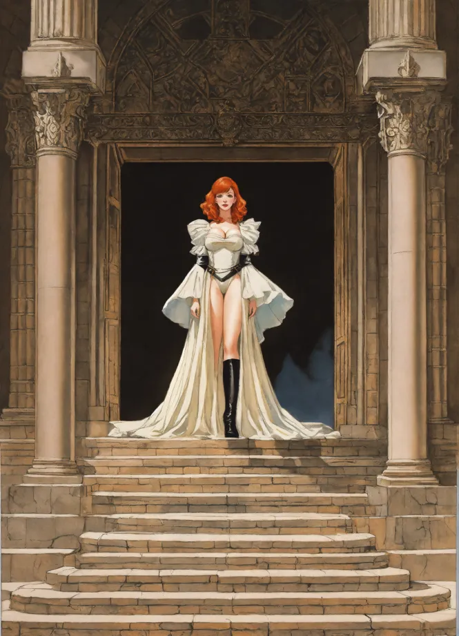 Lexica - two plus size redhead women covered in white body paint standing  in an archway