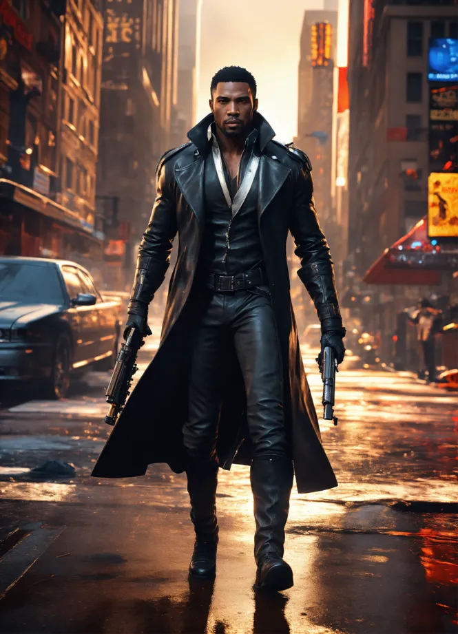 Lexica a white faceless man wearing a black trench coat wielding 2 hand guns facing in the distance where advancing enemies are approaching from