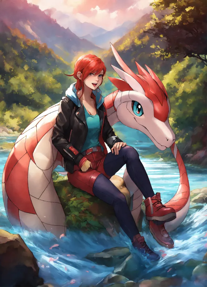 Lexica - Anime illustration of a Pokemon Red-Coloured Raptor Dinosaur