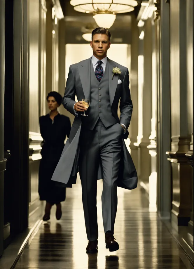 Lexica - A man with haute couture LV three piece suit, LV bag