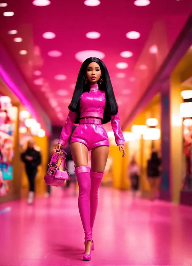 Lexica - Madison beer plastic tight barbie doll body, pretty detailed face,  shorts and pink top, tight abs, 1988 product photography, plain backgroun