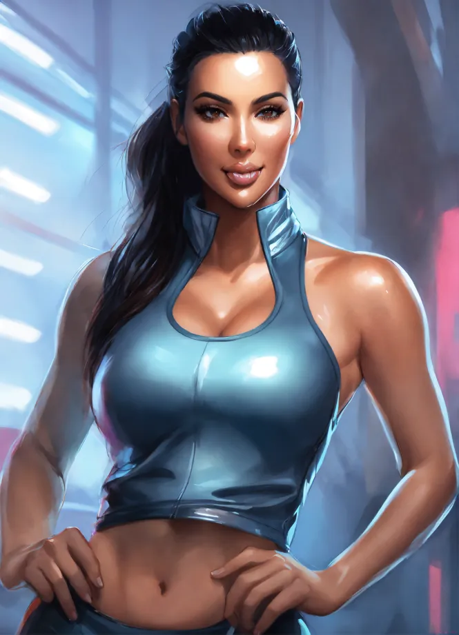 Lexica - Kim Kardashian in a shiny lycra gym outfit. Shiny lycra