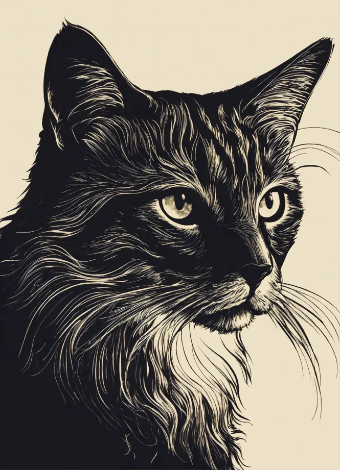 Lexica - Dessin artistique minimaliste d'un chat au crayon blanc avec long  poil,avec les yeux bleu avec un crayon blanc, fond noir