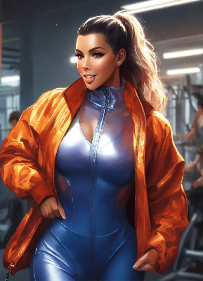 Lexica - Kim Kardashian in a shiny lycra gym outfit. Shiny lycra shorts.  Medium length straight shiny bob. Pretty. Unrealistic body proportions.  Shop