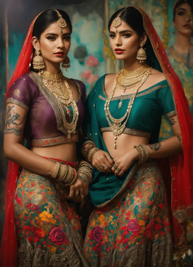 Lexica - A group of beautiful indian princesses smiling standing in a  palace bedroom, group of women, gorgeous, low waist skirt, tiny bra, tiny  skir