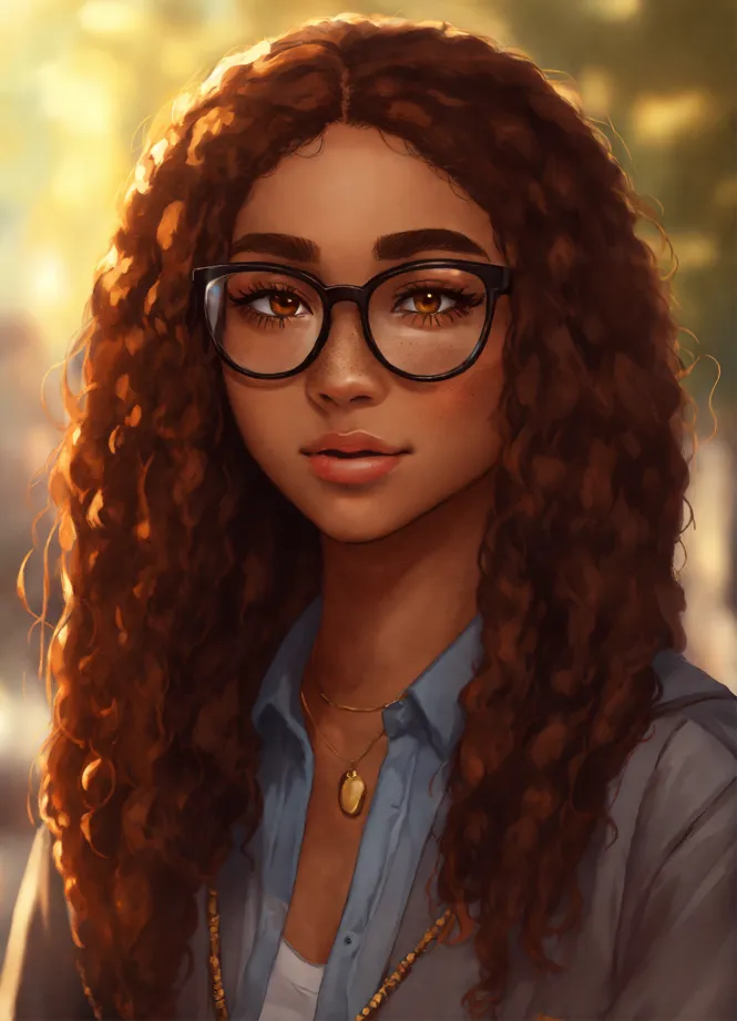 Draw girl in 90' anime style whit black curly hair and brown eyes