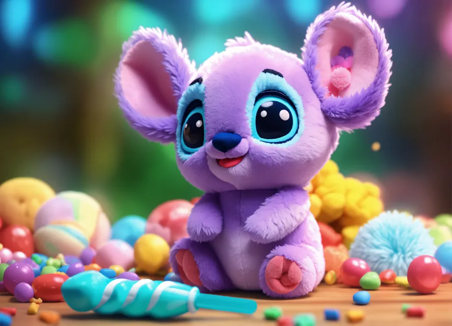 3d rendering of a cute disney plush toy named stylo fluffy colors