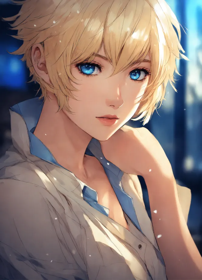 Blonde wavy hair, blue eyes, anime guy