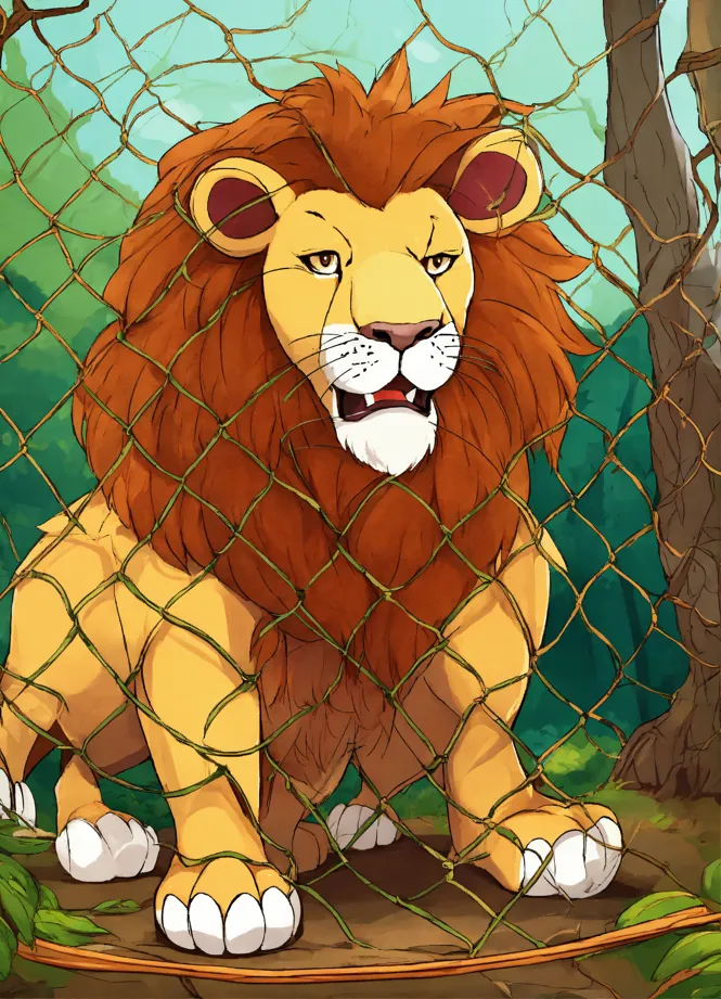Lexica - Cartoon 3d big lion trapped in net and rat cutting net by