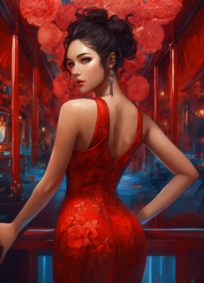 Asian Woman In Short Red Dress & Blue Leggings Pull Dress …