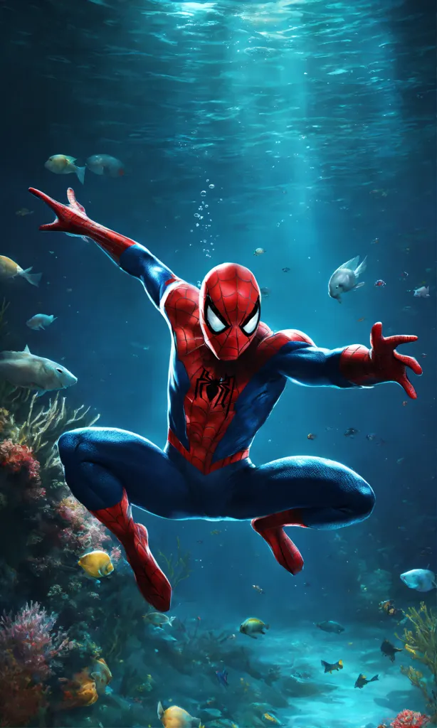 Lexica - Spiderman swimming with fish underwater in the ocean