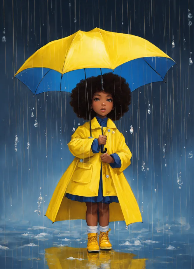 Lexica african american girl with afro as the morton salt girl yellow raincoat wearing girl with a blue umbrella in the traditional salt box pose