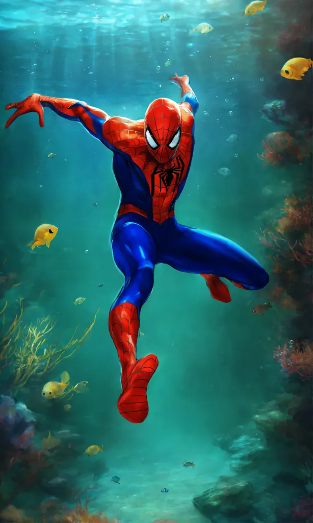 Lexica - Spiderman swimming with fish underwater in the ocean