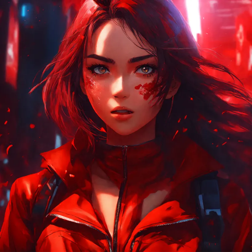 Lexica - Digital cyberpunk anime character concept art, gorgeous anime girl  symmetrical face, small female android cyborg - angel, glowing red left e