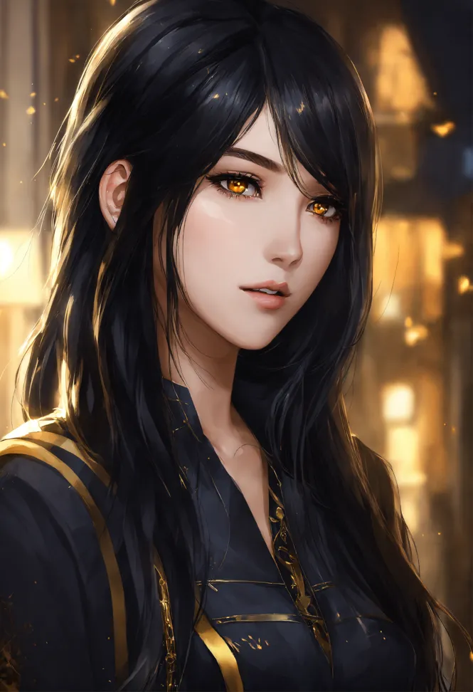 An anime girl with black hair and blue highlights. her hair is long and  straight. her eyes are amber