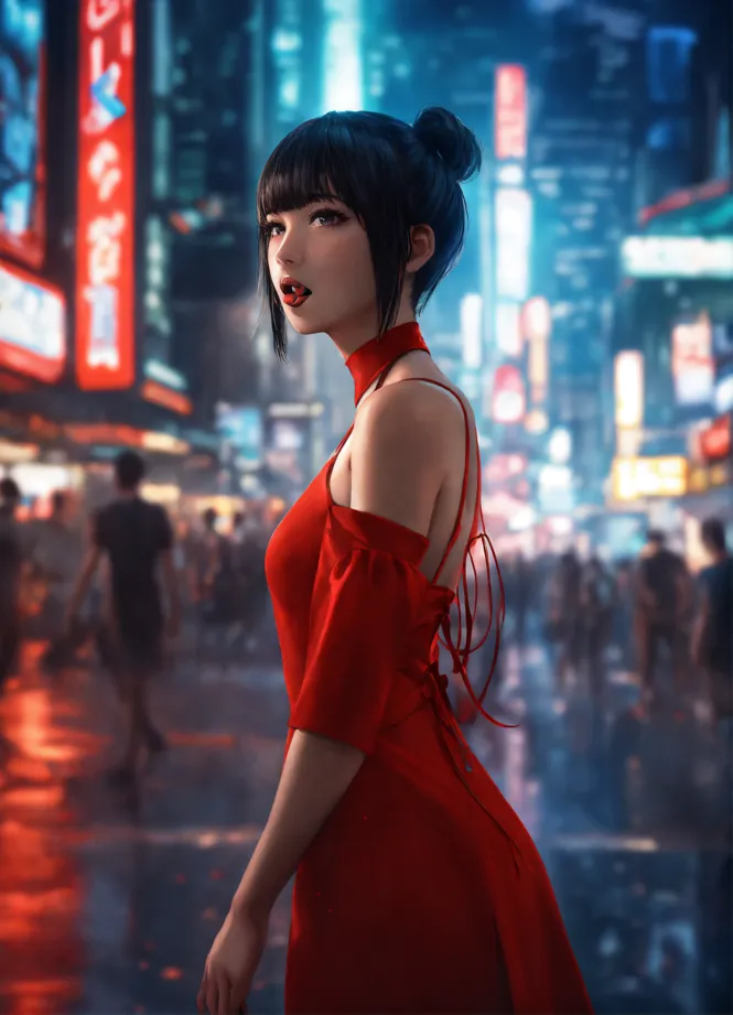Asian Woman In Short Red Dress & Blue Leggings Pull Dress …