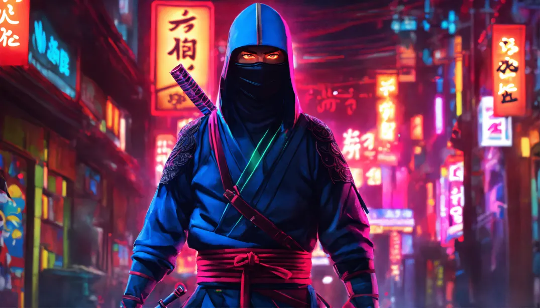 Lexica - awesome looking red male ninja in cyberpunk style 8-bit neon.  ultra realistic
