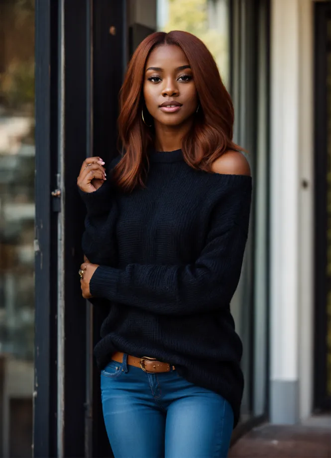 Lexica wearing jeans and a tight sweater