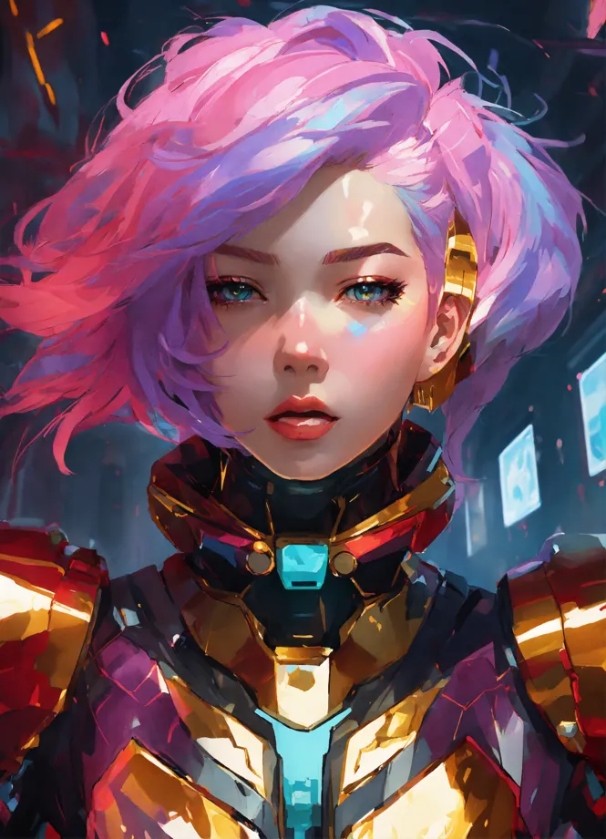 Lexica - Digital cyberpunk anime character concept art, gorgeous anime girl  symmetrical face, small female android cyborg - angel, glowing red left e