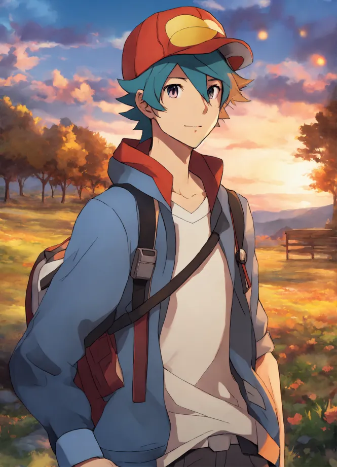 Lexica - Boy with blue hair and black outfit, pokemon trainer