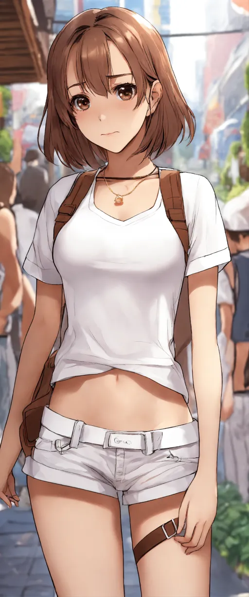 Brown hair, blue tank top and shorts, muscular anime
