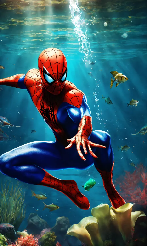 Lexica - Spiderman swimming with fish underwater in the ocean, nature  background, 2D render